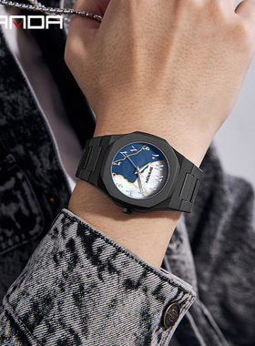 SANDA新款石英表创意数字刻度贝壳面50M防水腕表黑白经典男士手表