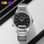 时刻美商务三时间双显腕表时尚 简约钢带电子表男士 手表学生男表潮