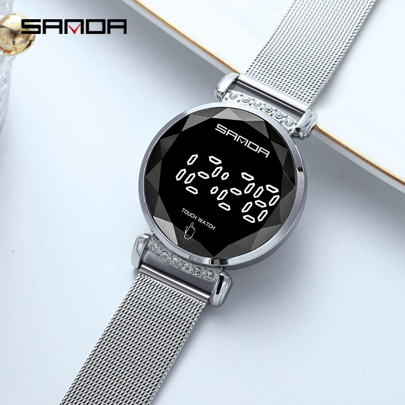 三达新款触摸屏LED电子双保扣网带女士款式轻奢镶钻防水学生女表