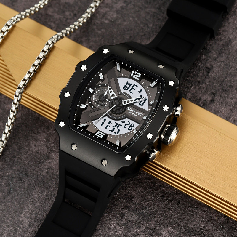 时刻美SKMEI商务时尚双显学生手表透明酒桶高颜值防水户外男士潮