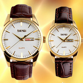 时刻美真皮带男表女表时尚 手表女士双日历情侣对表 防水石英表男士