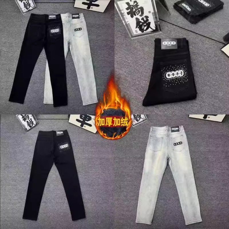 时尚百搭网红潮牌刺绣字母修身小脚直筒爆款帅气男女牛仔裤加绒款