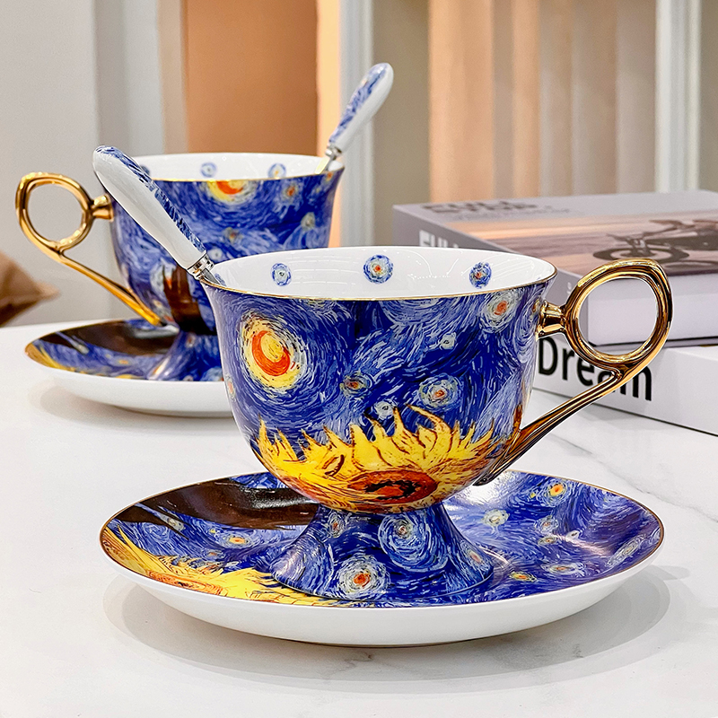 【米高家居】星空葵花浓缩咖啡杯高骨瓷对杯子下午茶茶具礼盒套装