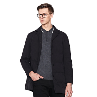 【白鸭绒】德鲨冬季黑色翻领羽绒服男商务中长款保暖外套