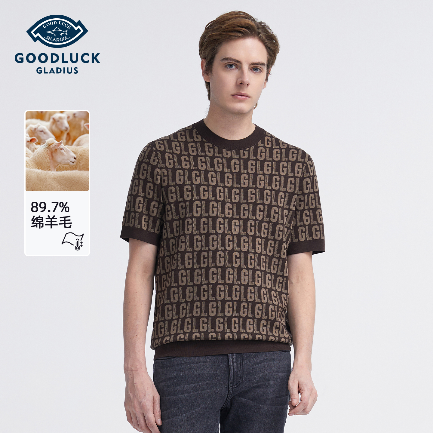 德鲨秋冬季新款短袖圆领羊毛衫男