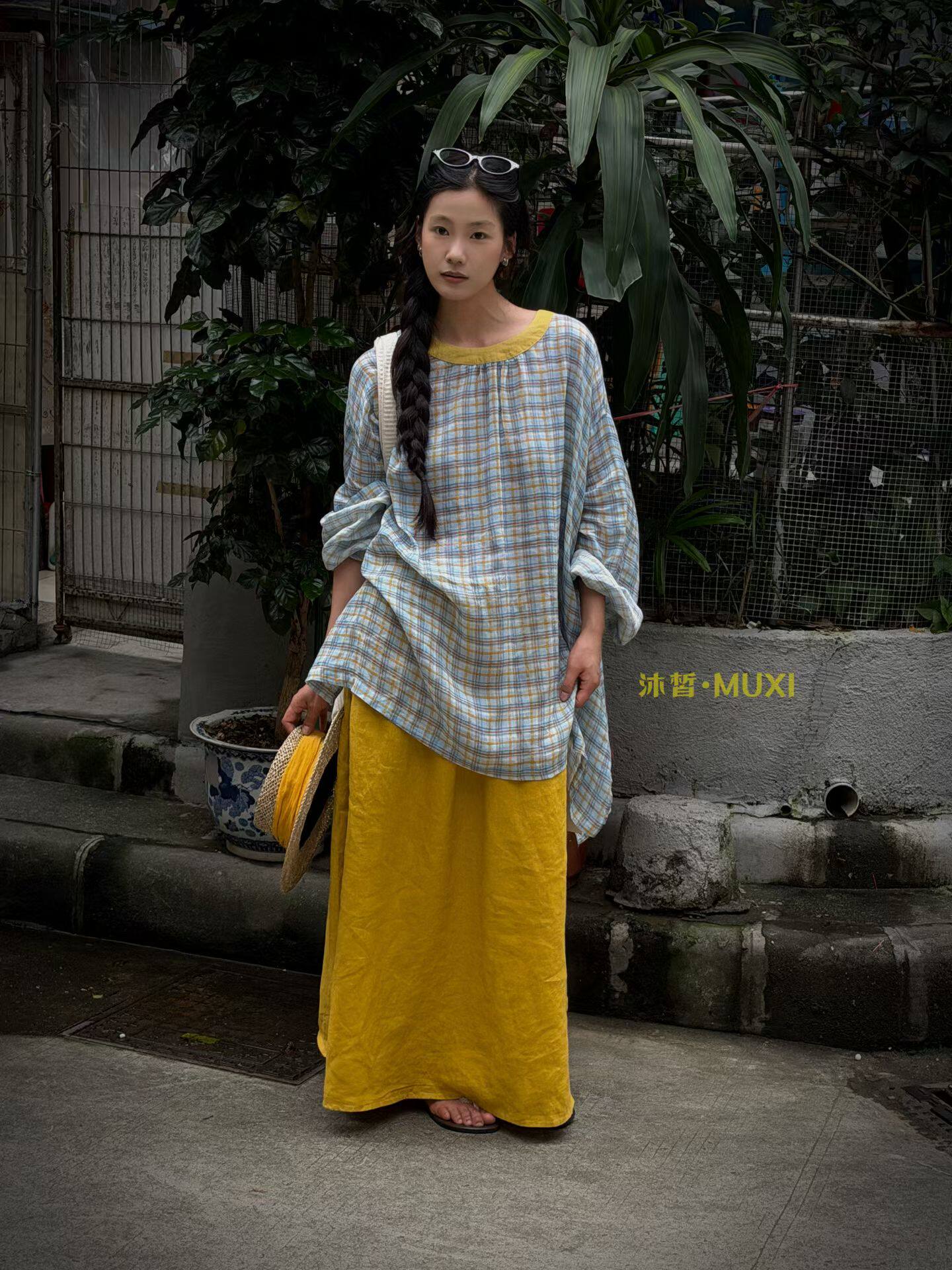 沐皙2026夏季森系复古格子简约宽松大码胖MM文艺范防晒衬衫女