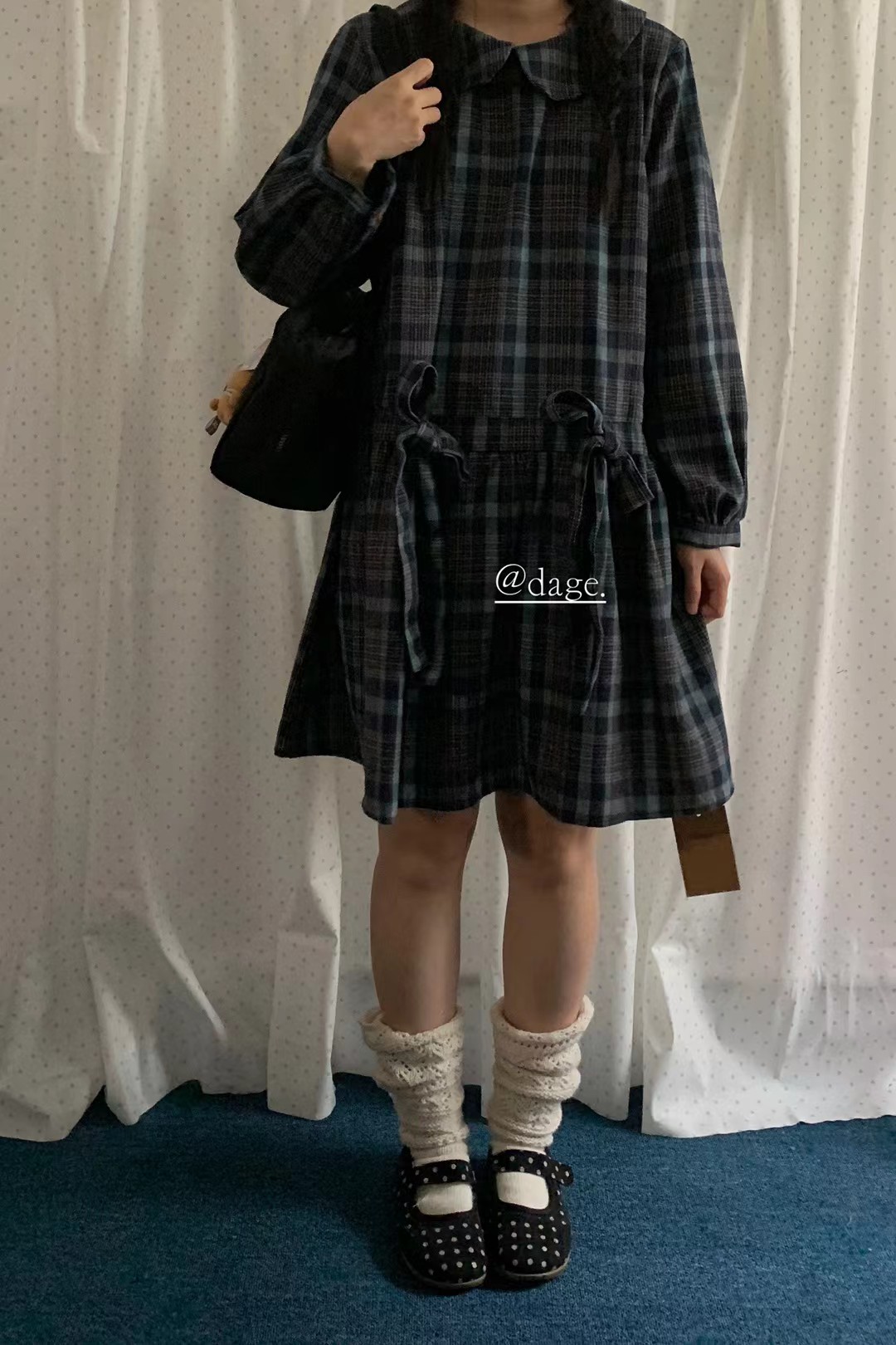 dage50881格子连衣裙娃娃领韩版港风女设计感宽松休闲百搭连衣裙