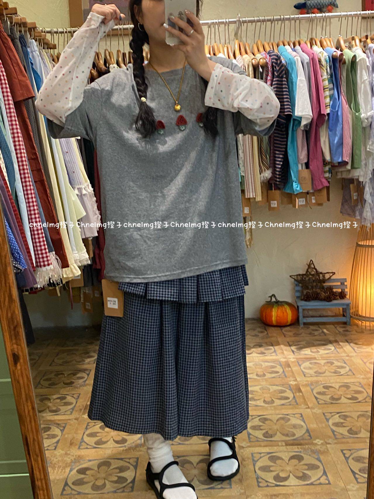 橙子家日系复古格子拼接假两件裤子宽松显瘦百搭裙裤子