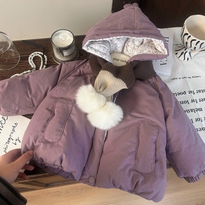 韩版童装2025新款冬季女童加绒加厚棉服外套儿童围巾连帽保暖外套