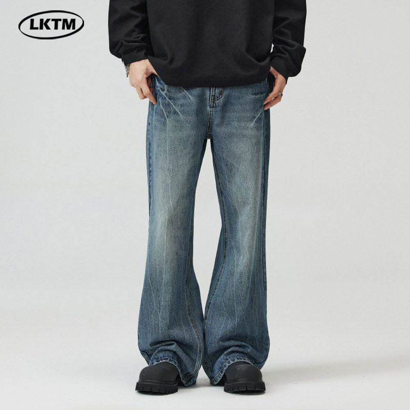 美式复古水洗闪电爆裂纹蓝色牛仔裤男女潮牌微喇显瘦阔腿直筒裤子