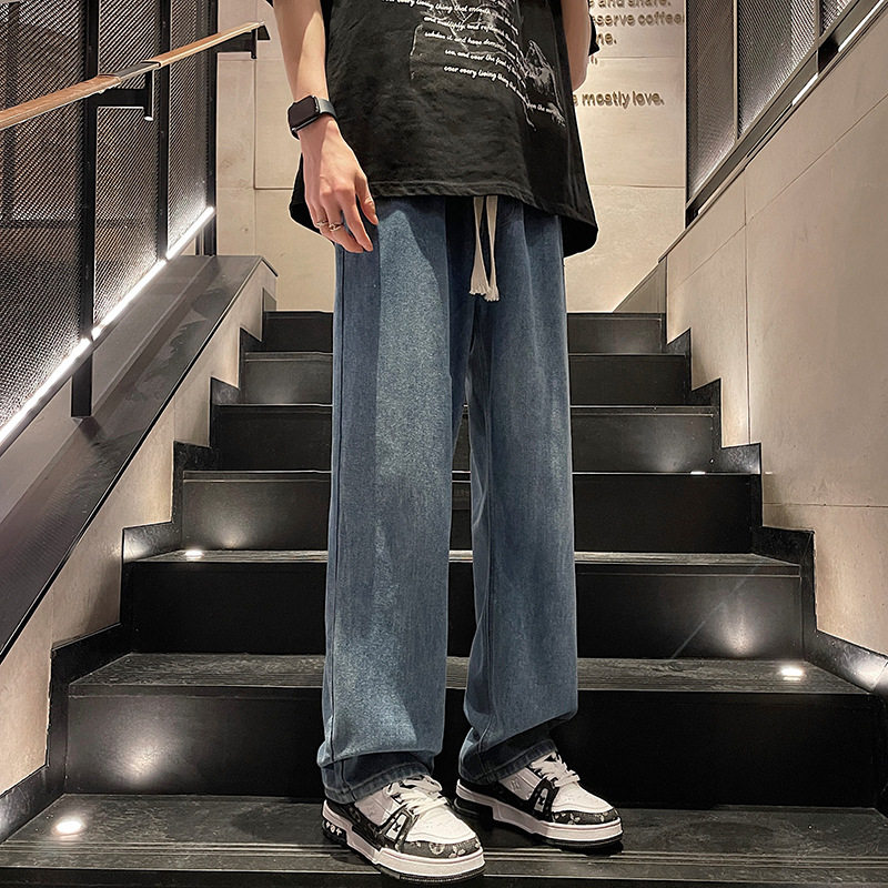 爆款阔腿拖地松紧腰牛仔裤男春夏款青少年帅气系绳宽松直筒长裤