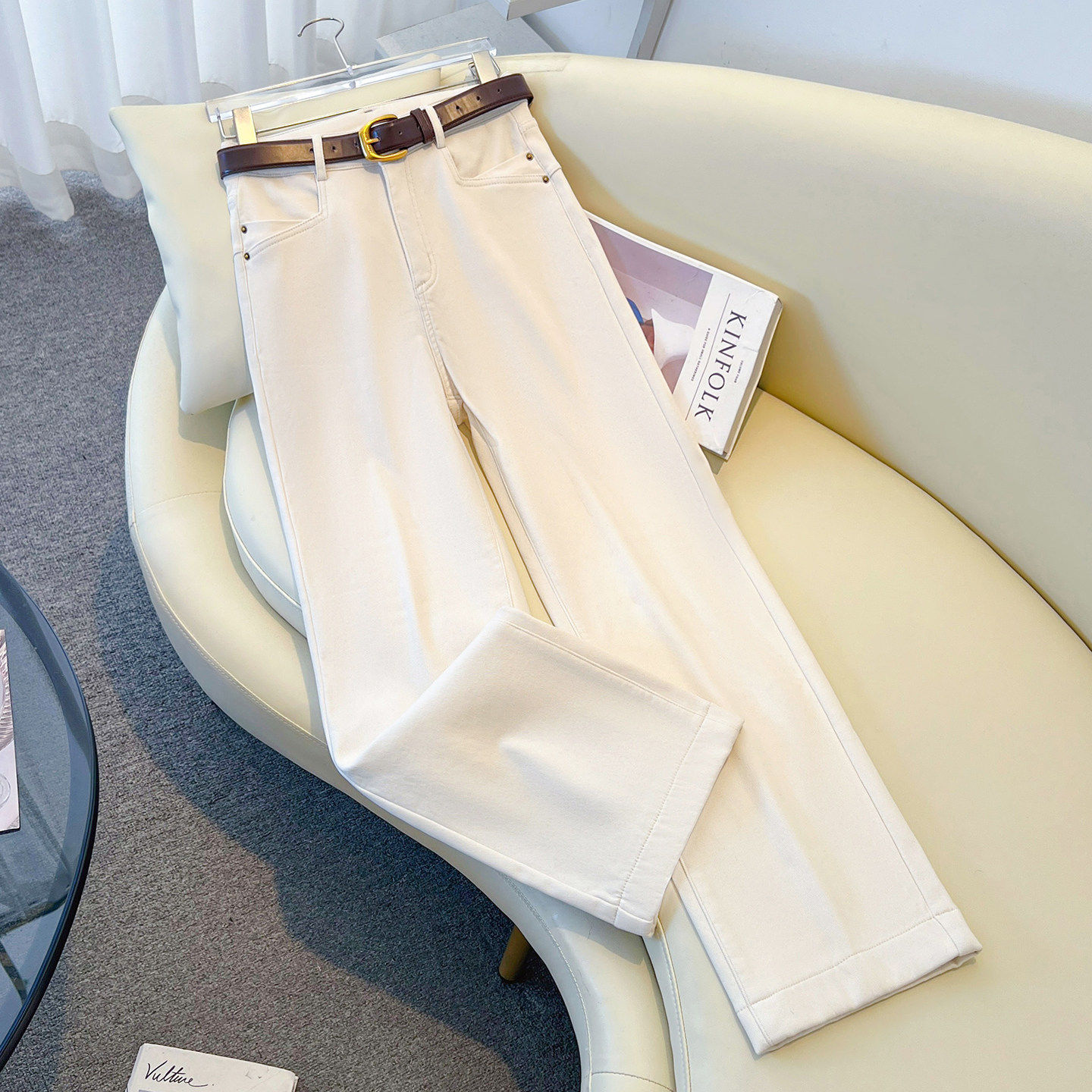 米白色直筒裤女高腰2026春秋新款减龄显瘦牛仔裤小个子窄版阔腿裤