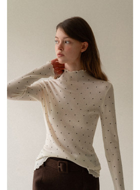 EGGKA韩系波点高领木耳边修身针织衫女秋冬气质通勤打底长袖上衣
