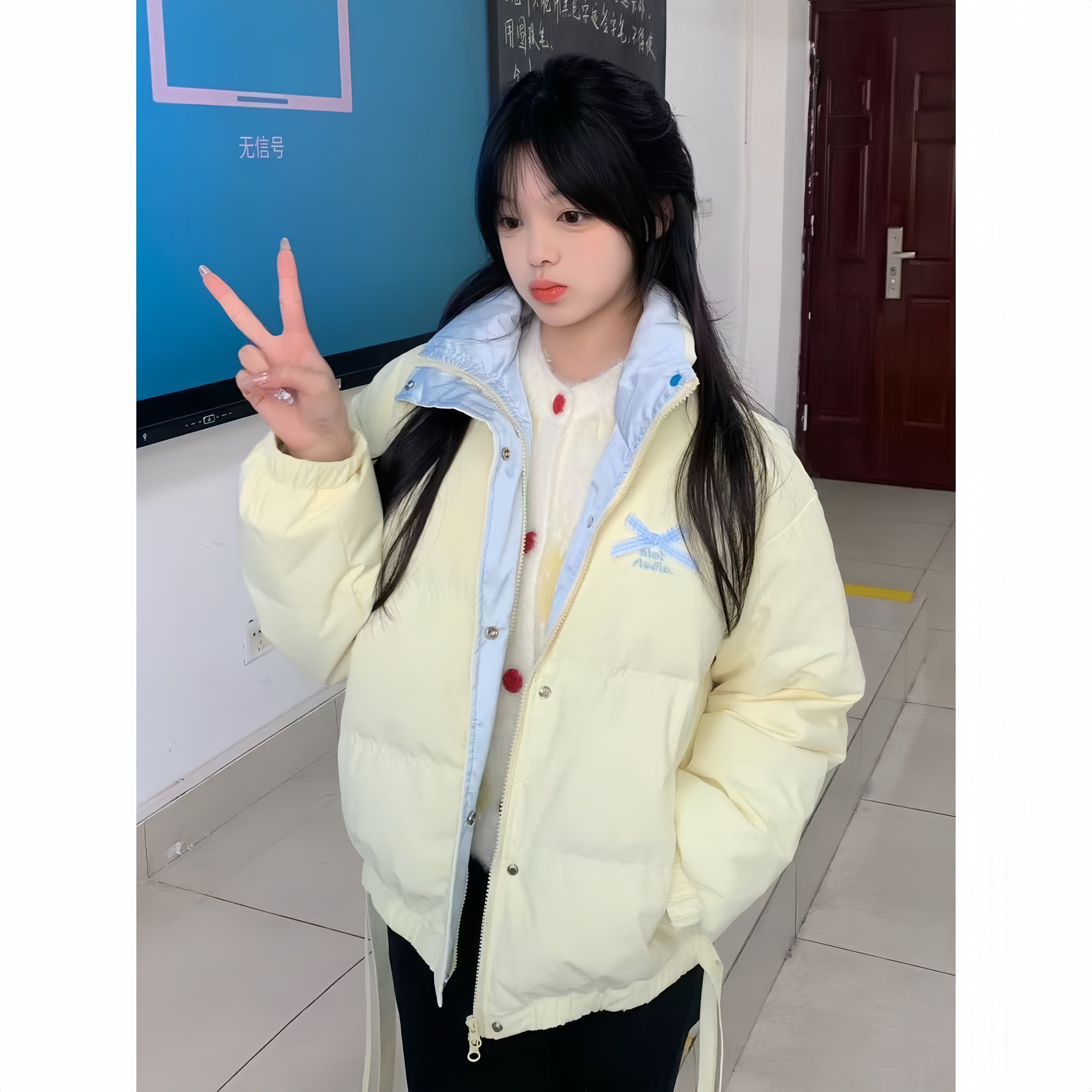 超好看撞色蝴蝶结羽绒棉服女大童冬季初中生高中宽松加厚外套棉袄