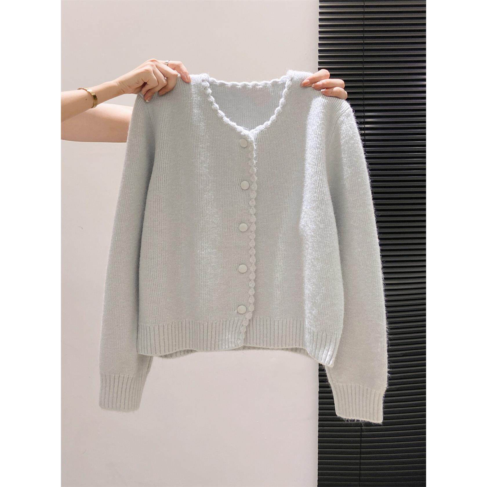 韩系软糯花边针织开衫女秋冬新款加厚宽松休闲慵懒风毛衣外套上衣