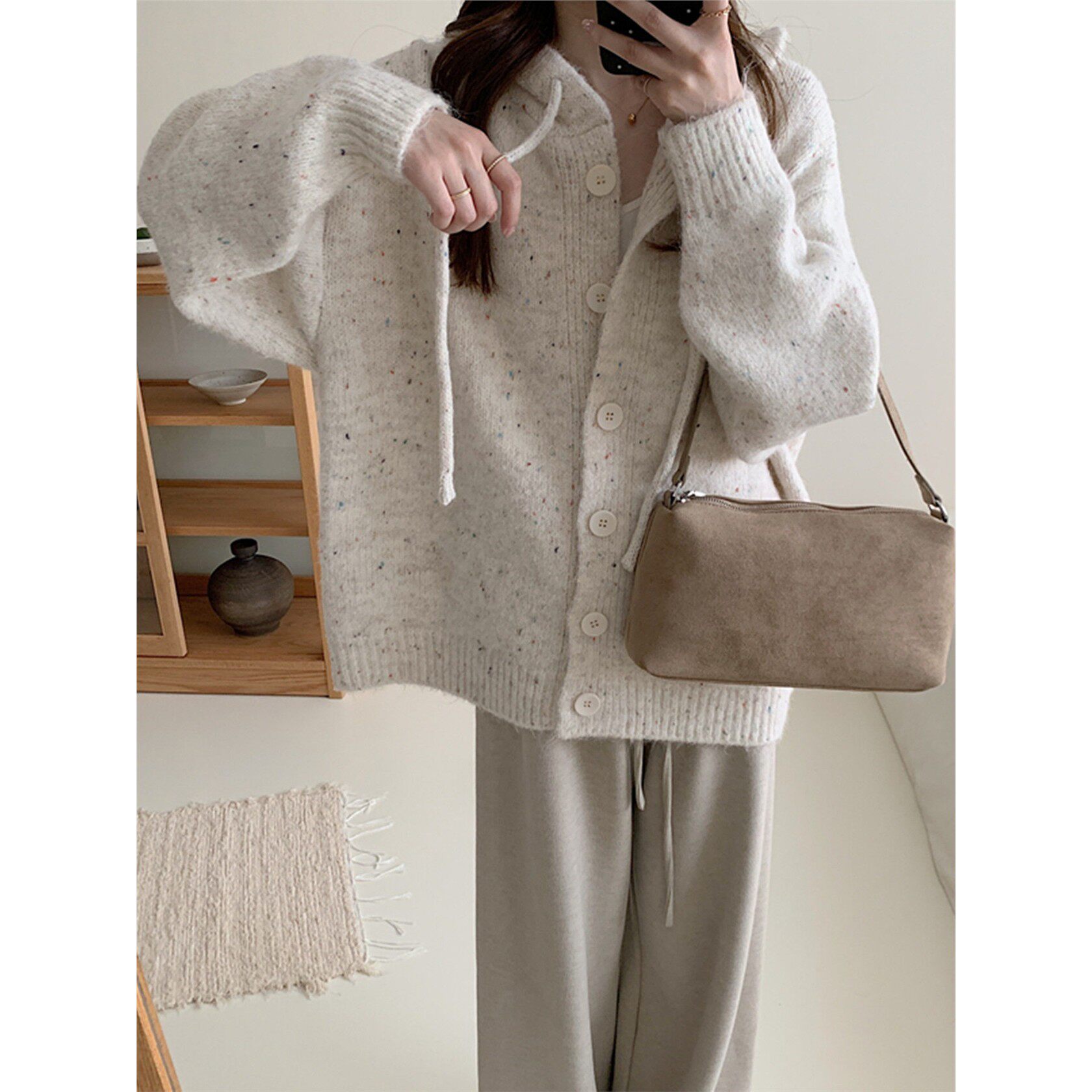 米色连帽毛衣开衫外套女秋冬季加厚宽松慵懒风带帽针织衫卫衣上衣