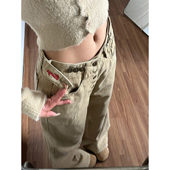 显瘦慵懒风松弛感长裤 女春秋修身 子潮 复古字母纽扣水洗牛仔裤 美式