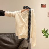 新款 2026春季 两件套叠穿上衣女 外搭长袖 韩系杏色花边下摆针织开衫