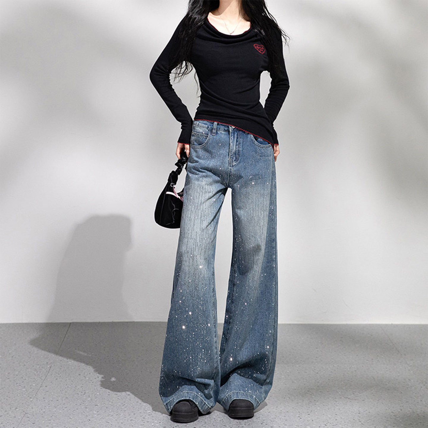 复古蓝满天星烫钻阔腿牛仔裤女冬季2026新款宽松显瘦直筒拖地裤子