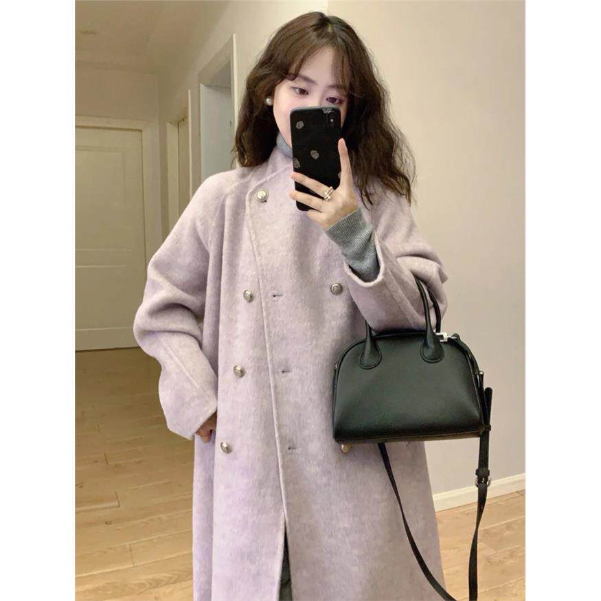 温柔风紫色立领呢子大衣女秋冬季韩系小个子高级感中长款毛呢外套