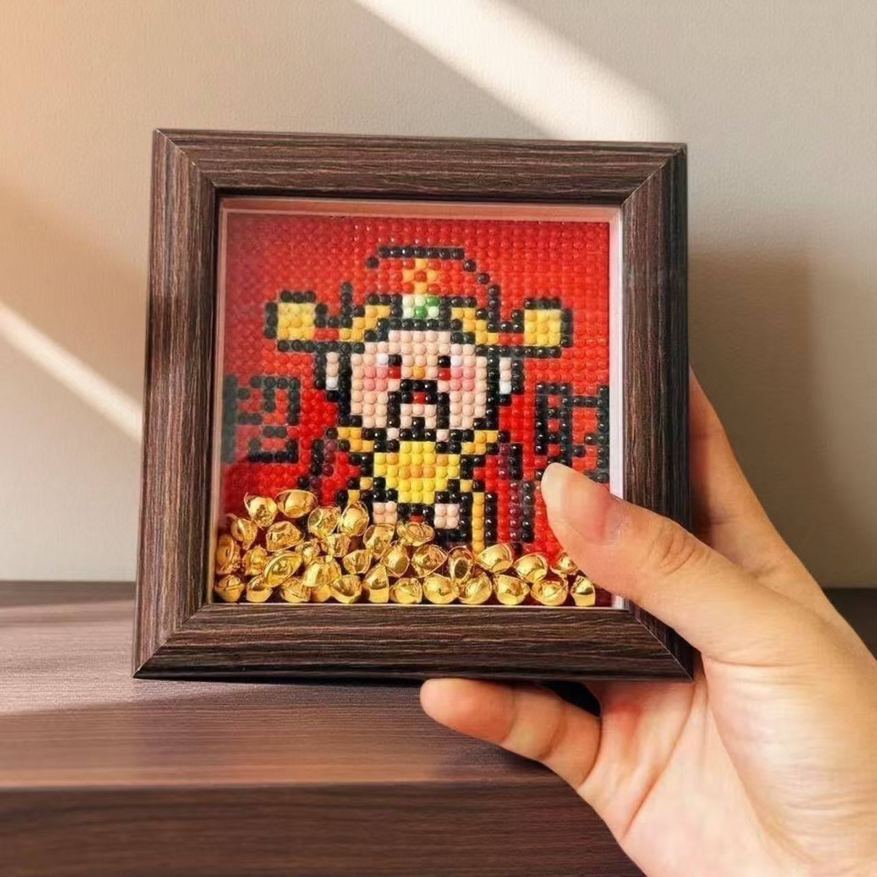 4寸木框财神爷招财桌面摆件钻石画手工diy贴画书桌客厅金元宝