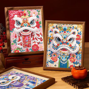 中国风醒狮钻石画儿童手工diy钻石贴画过年亲子活动粘贴摆台装饰