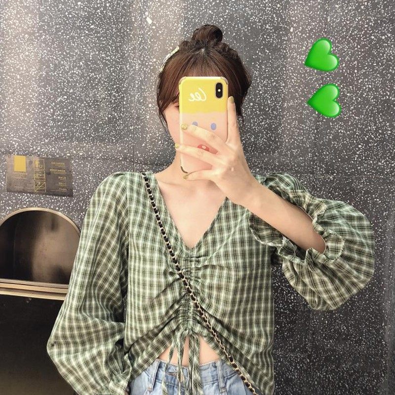 早春2020新款复古格子抽绳系带喇叭长袖衬衫女设计感小众百搭上衣|ruв категории Женская одежда, рубашка - от Buy2taobao.com для оказания профессиональной услуги покупки агента Taobao