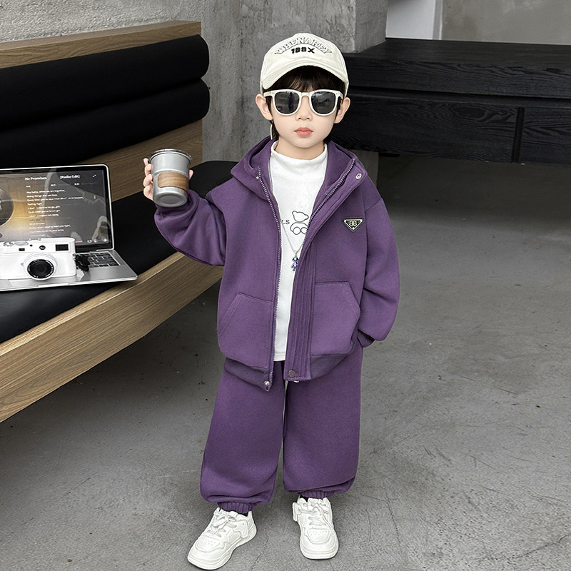 法国Anseola男童加绒运动套装2025款儿童卫衣外套男宝冬装两件套