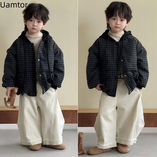 法国Uamtor男童加棉外套秋冬款加厚连帽上衣休闲格子潮酷男孩棉衣