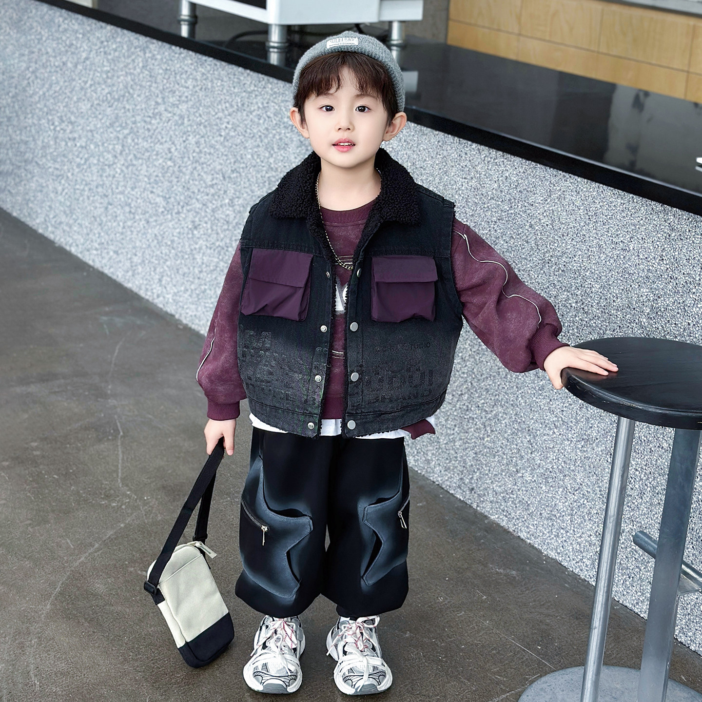 法国Anseola男童加绒马甲套装儿童卫衣休闲宝宝灯笼裤洋气三件套