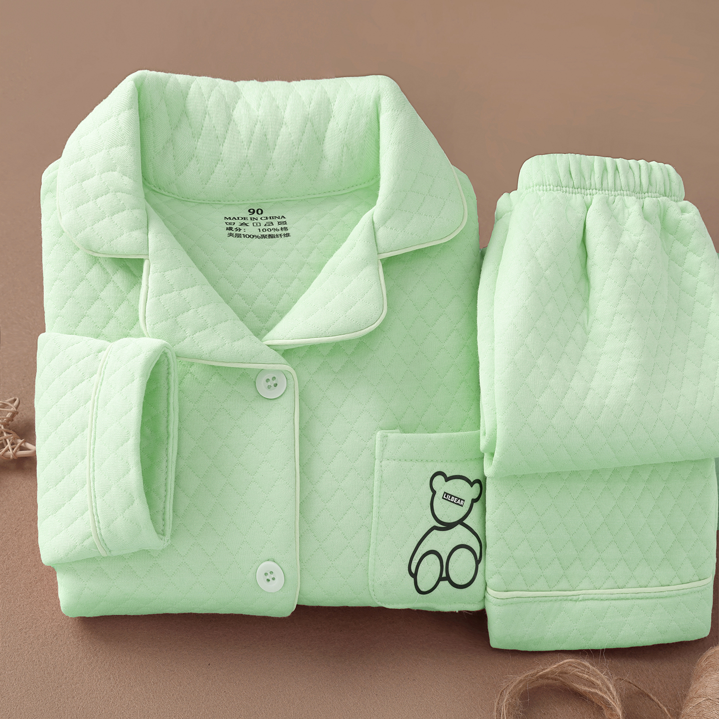 法国Anseola秋冬儿童睡衣纯棉套装男女童保暖衣三层夹棉服家居服