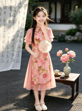 法国Anseola汉服女童洋装夏季2026新款儿童国风新中式裙子女大童