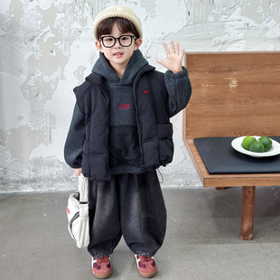 法国Anseola男童羽绒棉马甲三件套装2025秋冬儿童加绒卫衣牛仔裤