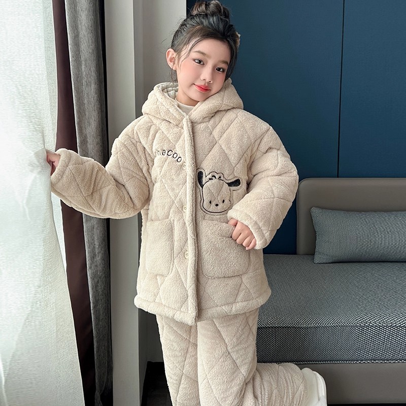 法国Uamtor女童冬季三层加厚2025新款家居服加绒超厚保暖夹棉套装