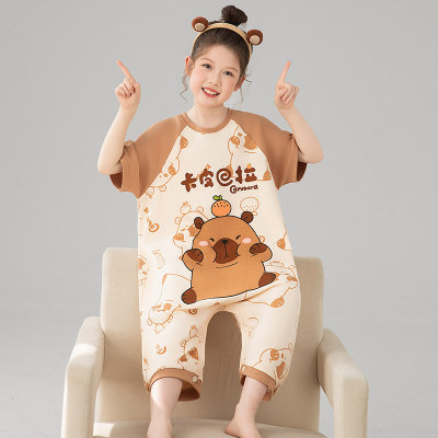 法国Anseola连体睡衣女童夏季纯棉短袖卡皮巴拉儿童睡衣女孩连体