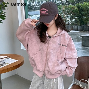 法国Uamtor女童卫衣棒球服秋2025新款中大童韩版女孩连帽开衫外套