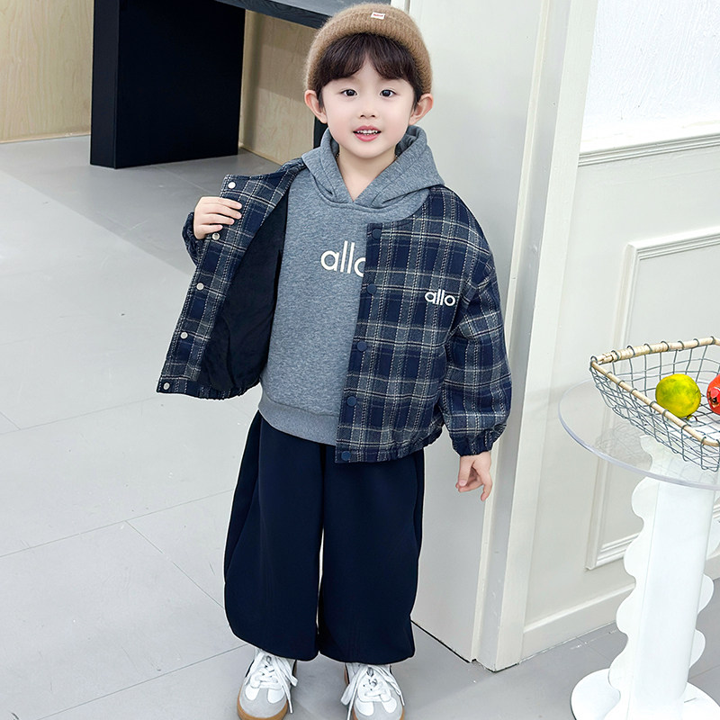 法国Anseola儿童三件套装2025冬新款男童夹棉外套加绒卫衣裤子潮