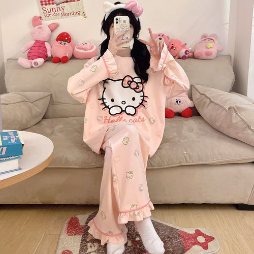 法国Anseola女童睡衣春秋季长袖纯棉薄款网红卡通女孩大童初中学