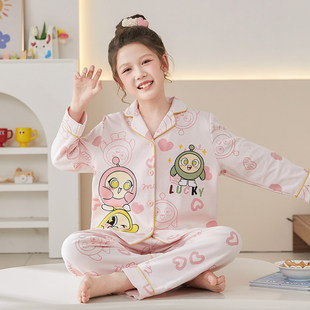 法国Anseola新款女童睡衣纯棉长袖薄款中大童卡通儿童宝宝家居服