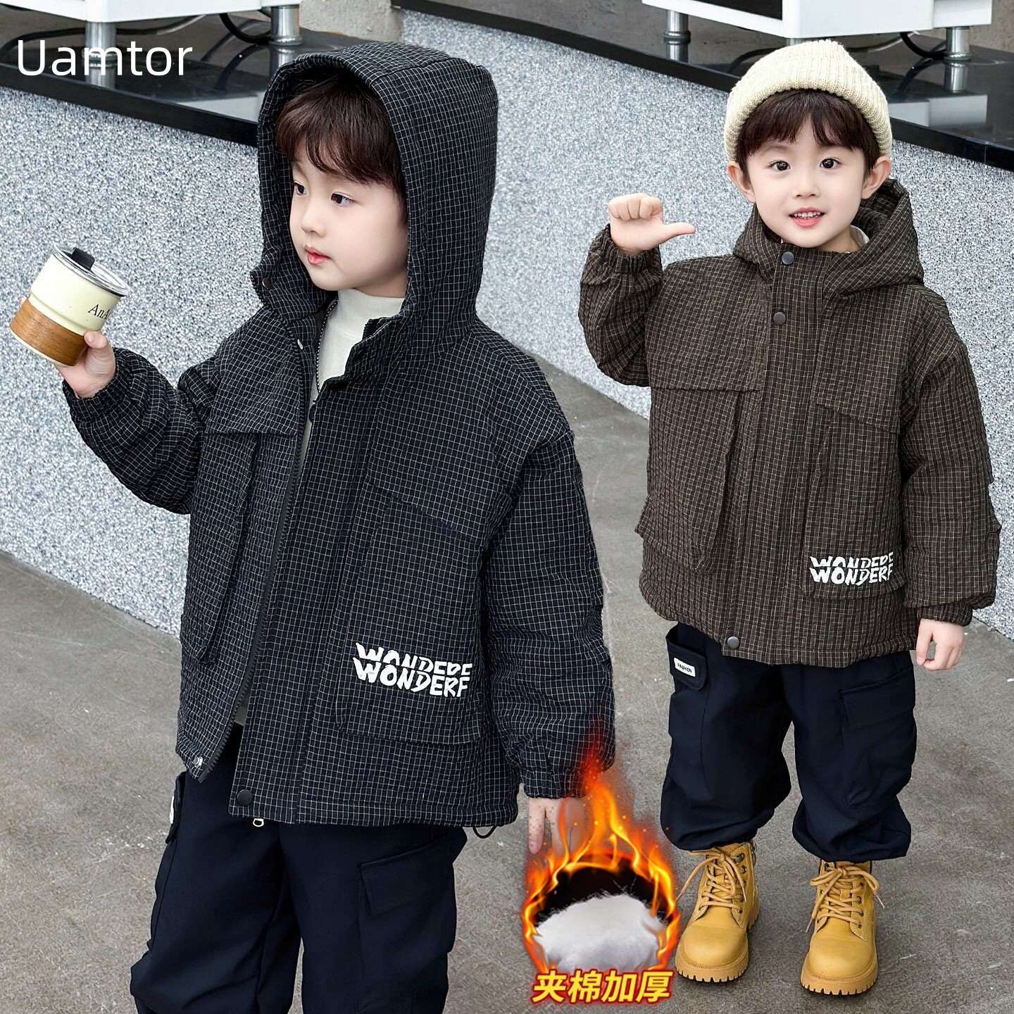 法国Uamtor男童夹棉外套2025新款薄棉冬季连帽韩版夹克棉服轻薄款