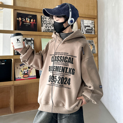 法国Anseola男童加绒卫衣秋冬款2025新款痞帅儿童装加厚连帽上衣