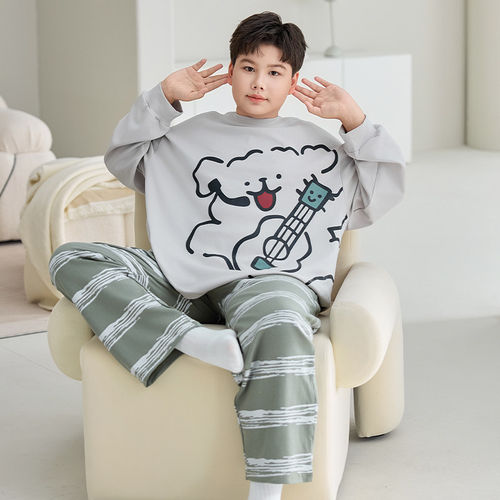 法国Anseola儿童睡衣男童春秋季长袖纯棉男孩大码胖童肥童青少年