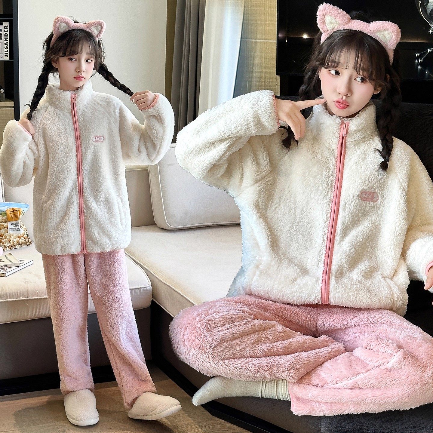 英国DHWA女童秋冬睡衣2025新款儿童洋气时髦保暖加厚家居服套装