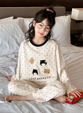 法国Anseola春秋款纯棉睡衣女童初中生2026新款小女孩全棉家居服