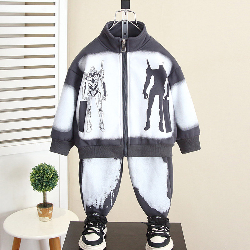 法国Anseola男童开衫外套套装加绒2025儿童宝宝痞帅卫衣冬两件套