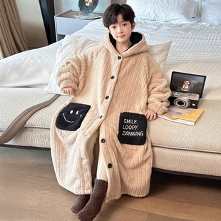 法国Uamtor男童冬季珊瑚绒睡袍加厚2025新款法兰绒睡衣装浴袍浴巾