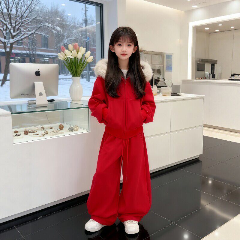 法国BADNUT女童冬装套装红色本命年2026新款过年衣服加绒加厚外套