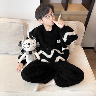 法国Uamtor男童秋冬款珊瑚绒睡衣2025新款加绒加厚法兰绒家居服