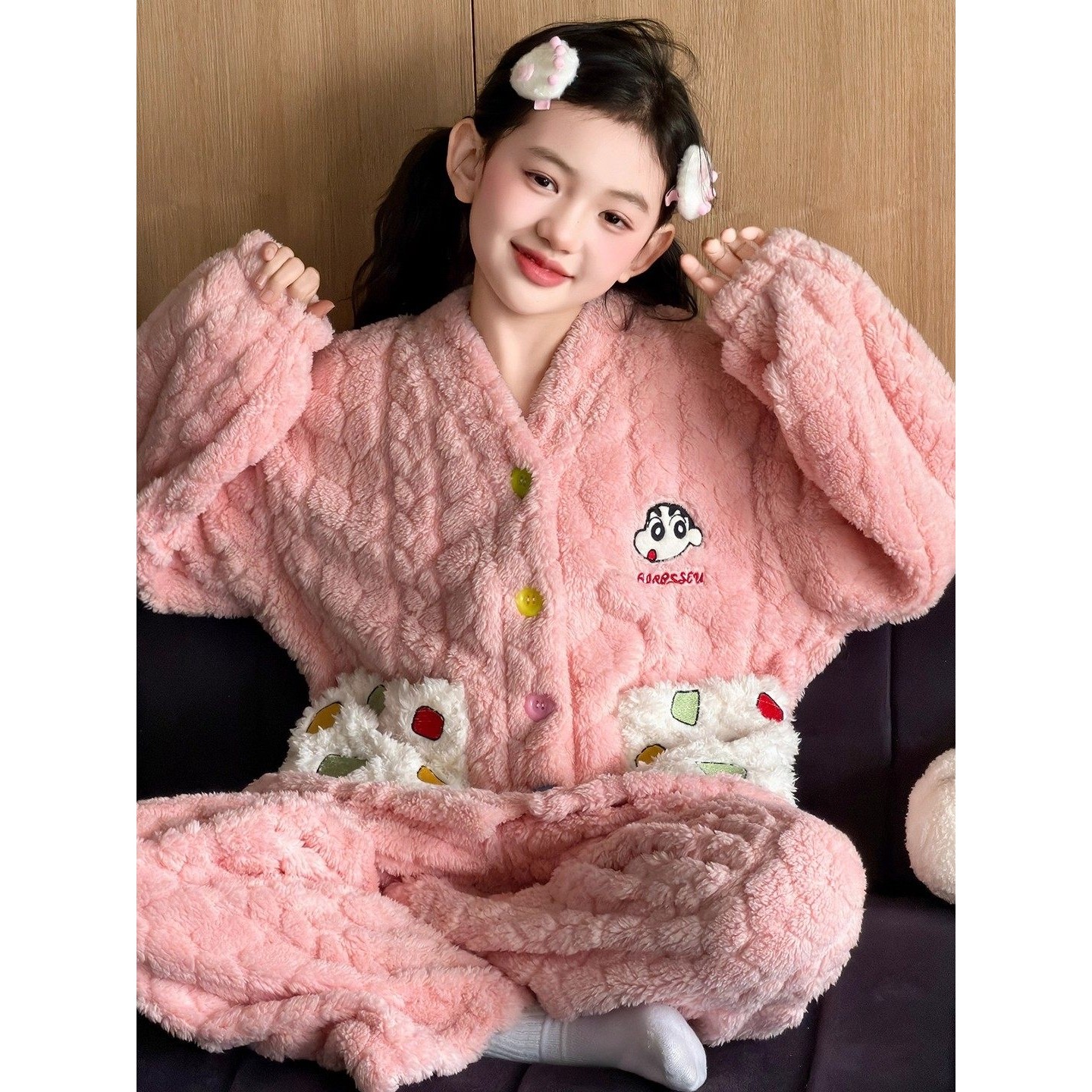 法国Uamtor女童睡衣秋冬法兰绒女孩加绒加厚珊瑚绒卡通保暖家居服