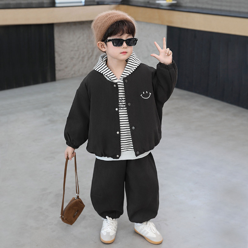 法国Anseola男童加绒加厚套装2025秋冬新款男孩帅气棒球服三件套